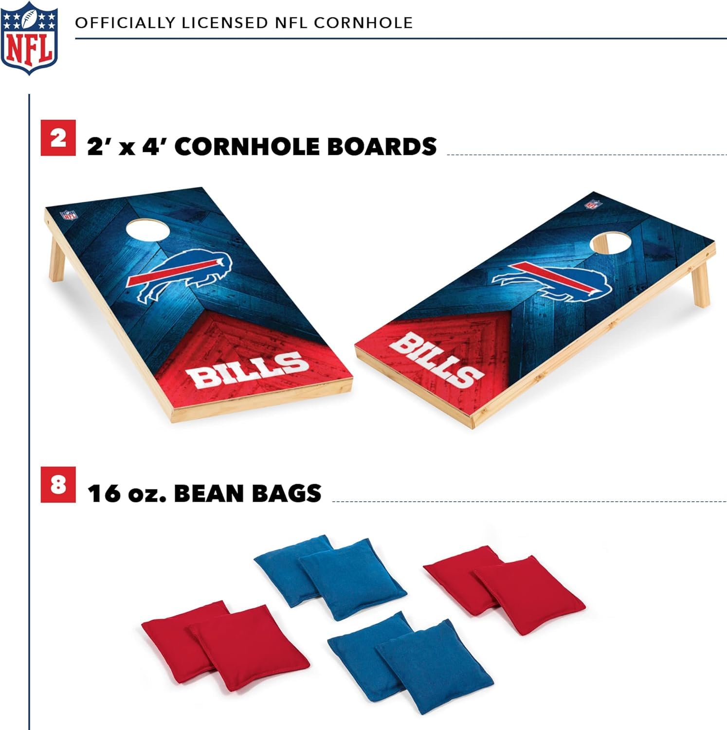 Wild Sports NFL Buffalo Bills 2' x 4' Regulation Size Solid Wood Cornhole Set with Direct Print HD Team Graphics - Sports Collectibles, Sports Memorabilia, Sports Fan Shop, Sports Gifts