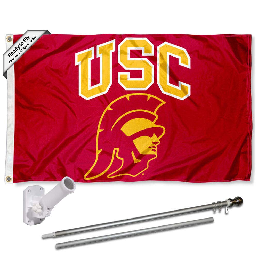 College Flags & Banners Co. USC Trojans New Trojan Head Flag with Pole and Bracket Kit - Sports Collectibles, Sports Memorabilia, Sports Fan Shop, Sports Gifts