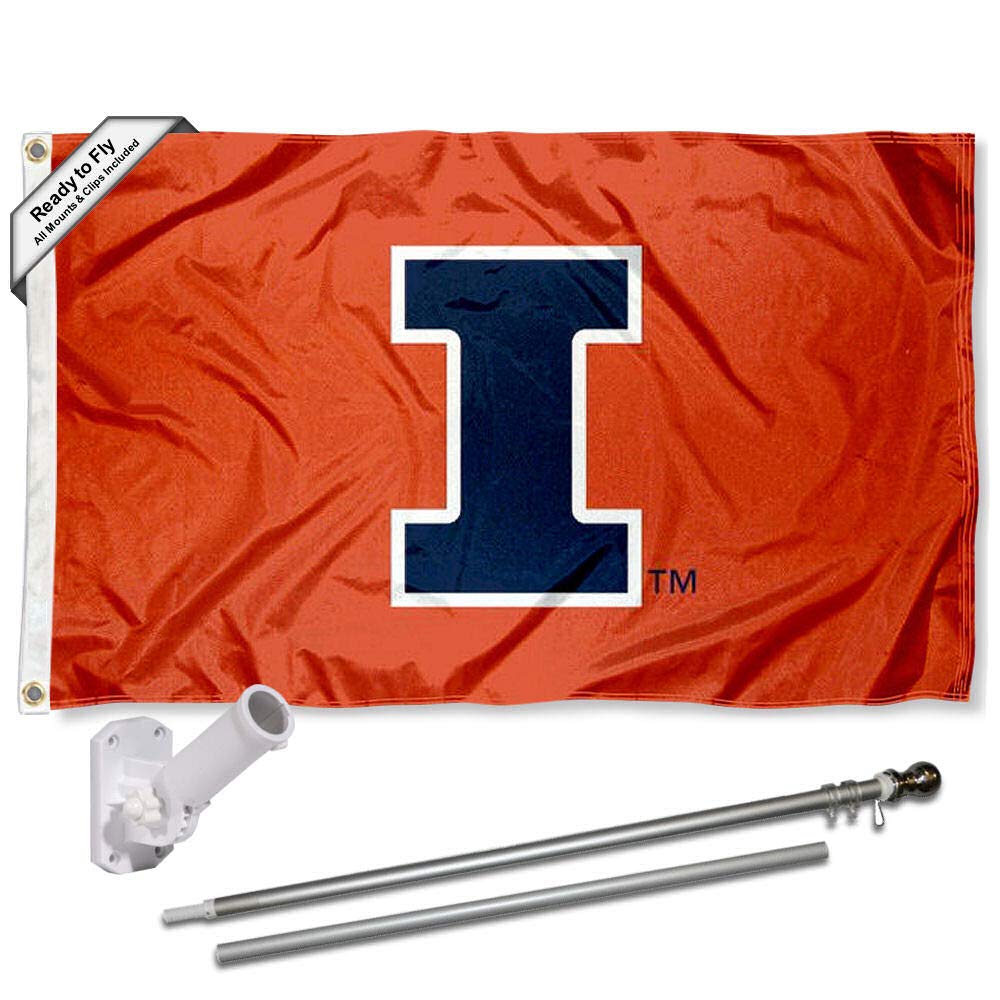 College Flags & Banners Co. Illinois Fighting Illini I Logo Flag with Pole and Bracket Complete Set - Sports Collectibles, Sports Memorabilia, Sports Fan Shop, Sports Gifts