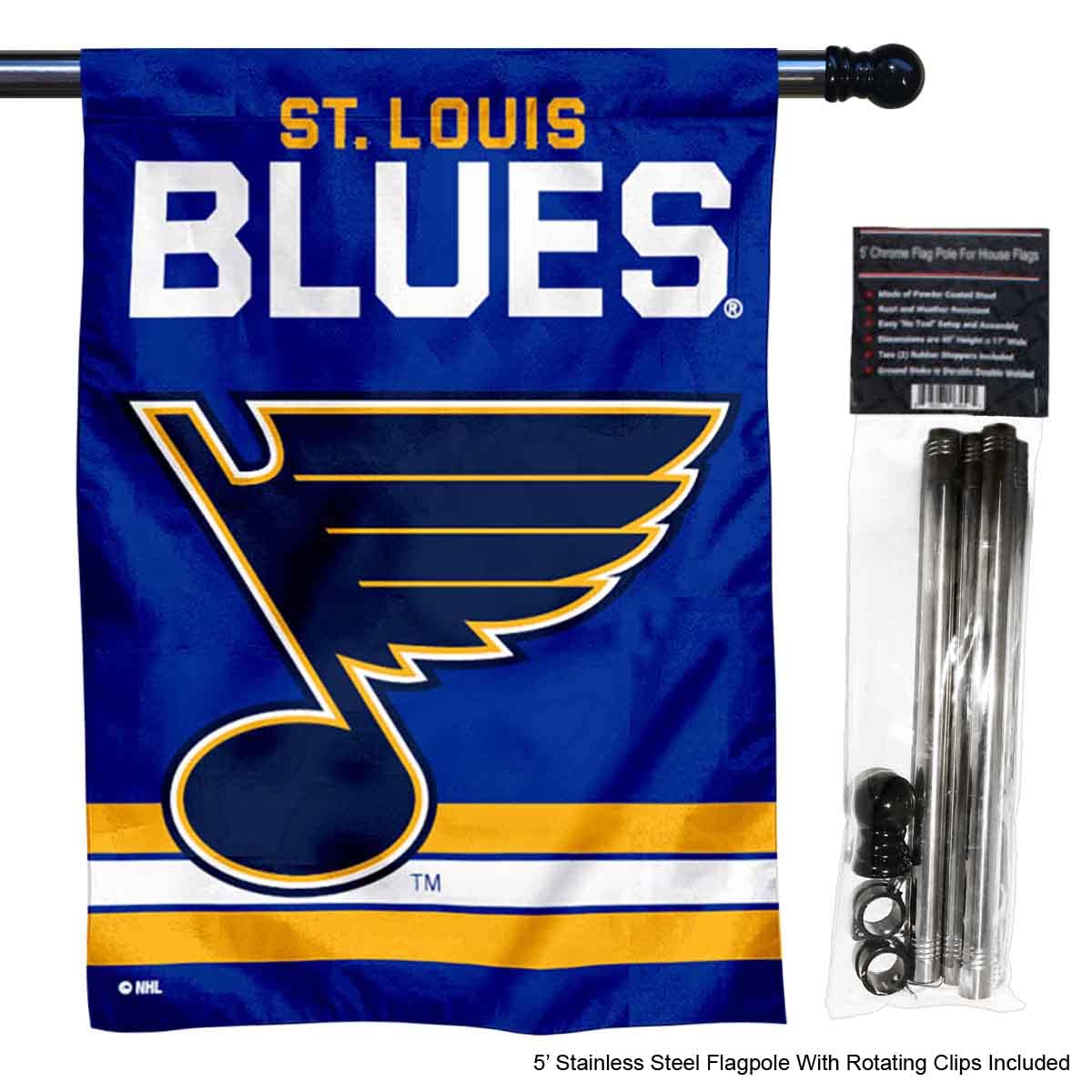 WinCraft Blues Banner House Flag and 5 Foot Flagpole Set - Sports Collectibles, Sports Memorabilia, Sports Fan Shop, Sports Gifts