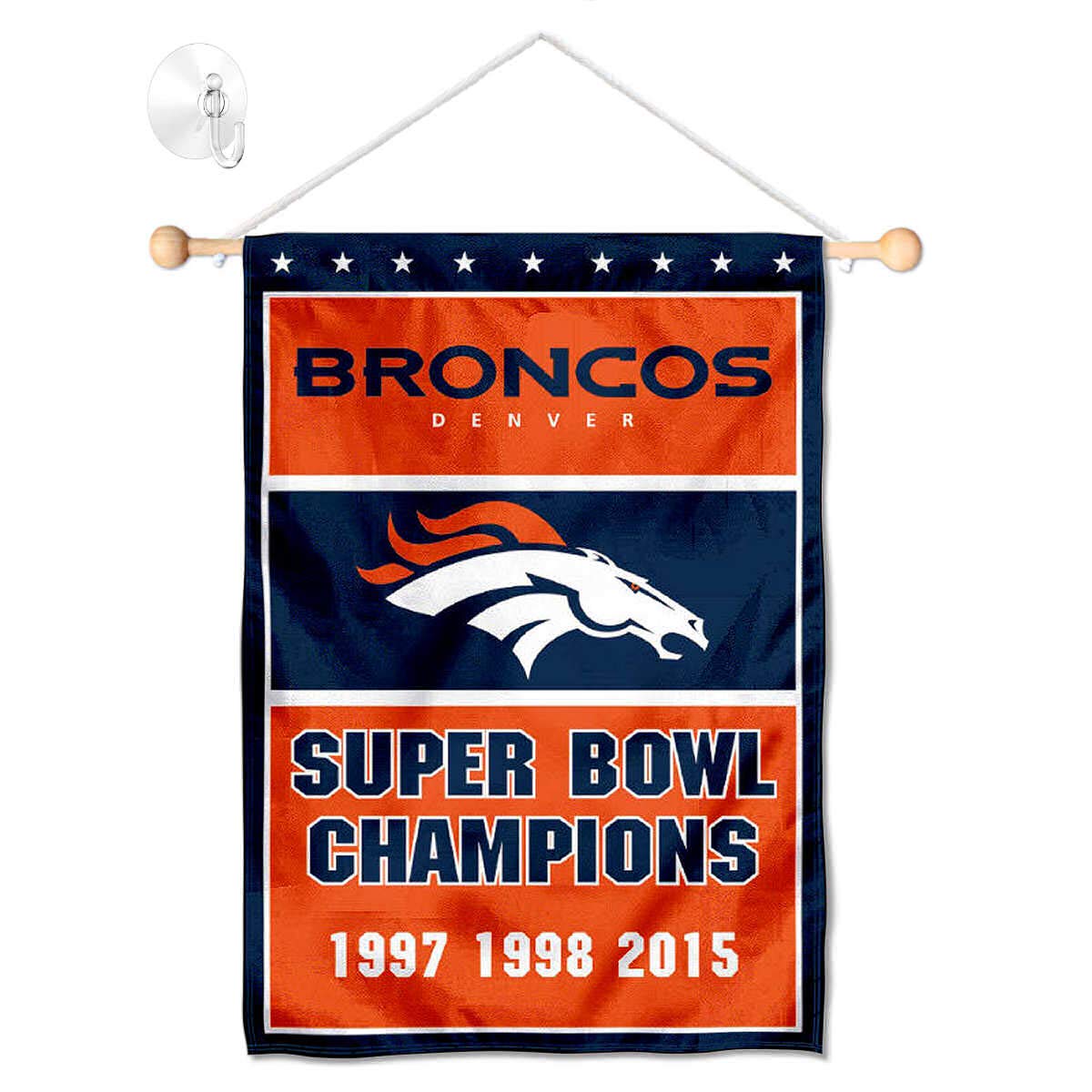 Denver Broncos 3 Time Champions Banner Window Wall Hanging Flag with Suction Cup - Sports Collectibles, Sports Memorabilia, Sports Fan Shop, Sports Gifts