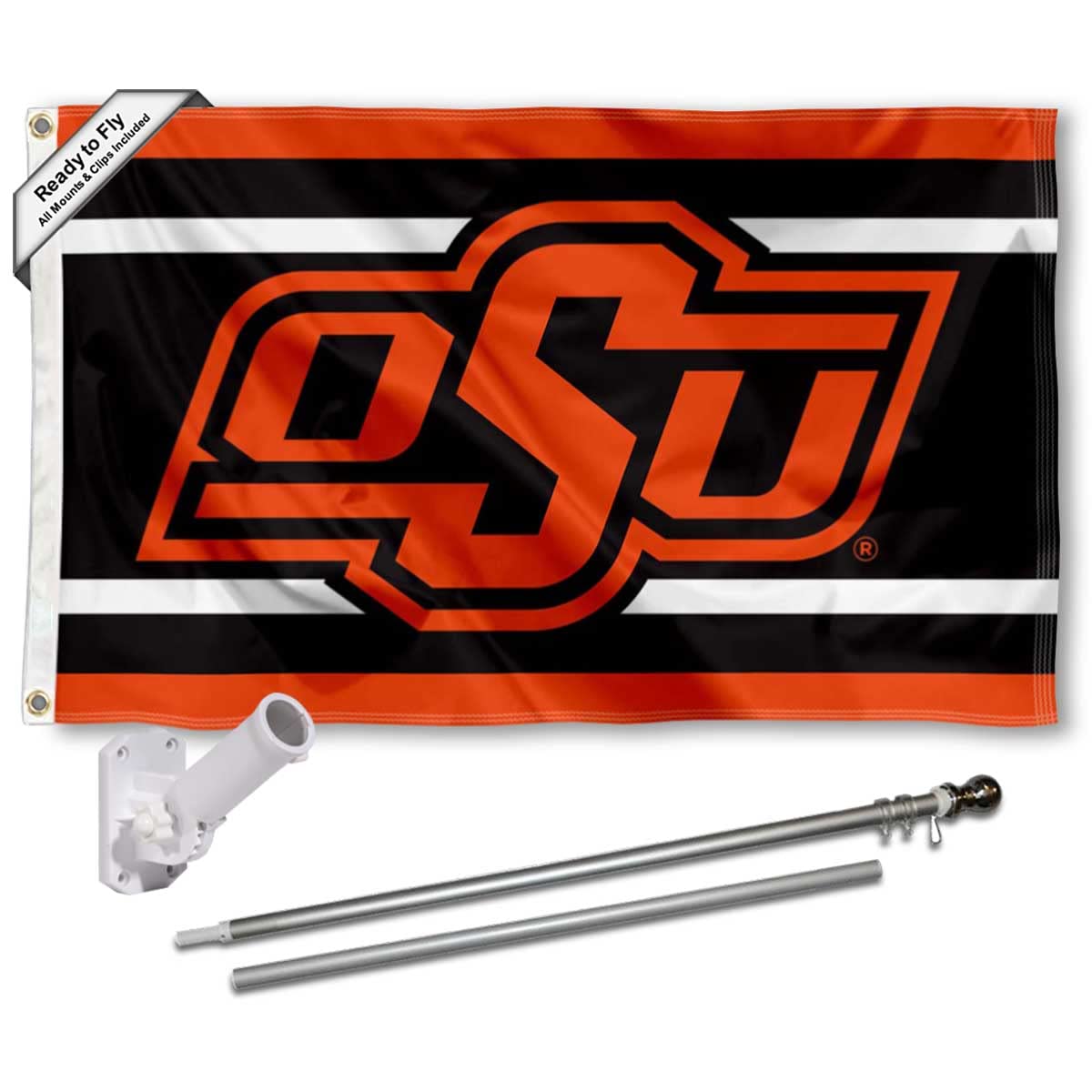 College Flags & Banners Co. Oklahoma State Cowboys OSU Stripes Flag with Pole and Bracket Holder University Set - Sports Collectibles, Sports Memorabilia, Sports Fan Shop, Sports Gifts