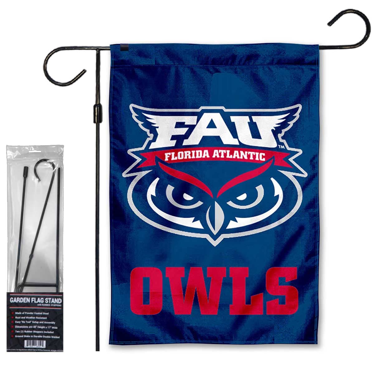 College Flags & Banners Co. Florida Atlantic Owls Garden Banner Flag with Stand Pole Holder - Sports Collectibles, Sports Memorabilia, Sports Fan Shop, Sports Gifts
