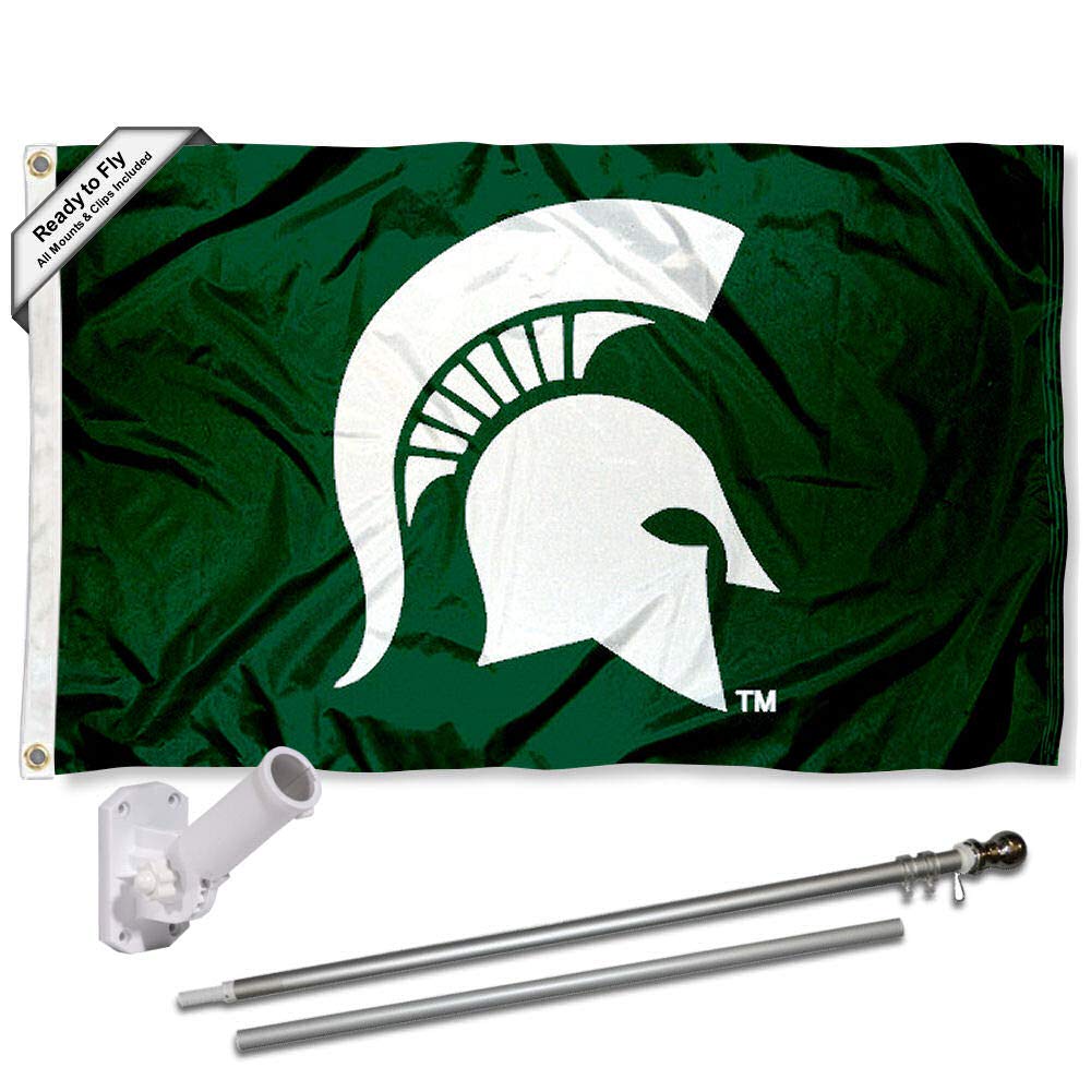 College Flags & Banners Co. Michigan State Spartans Spartan Head Flag with Pole and Bracket Complete Set - Sports Collectibles, Sports Memorabilia, Sports Fan Shop, Sports Gifts