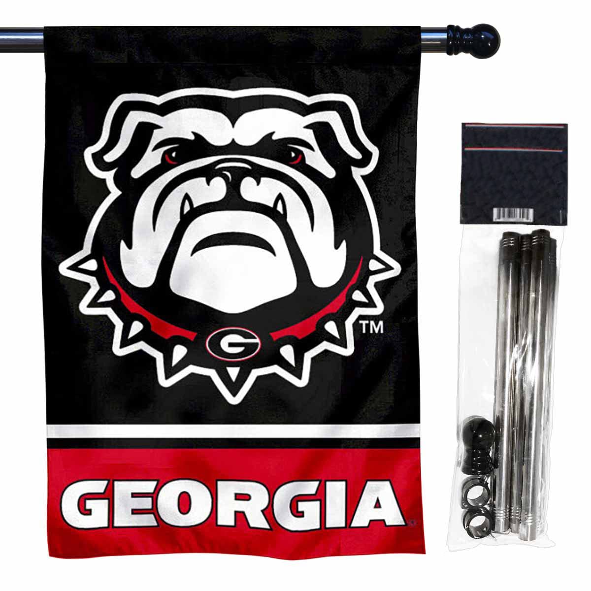 College Flags & Banners Co. UGA Bulldogs "New Dog" Double Sided House Banner Flag with Flag Pole Set - Sports Collectibles, Sports Memorabilia, Sports Fan Shop, Sports Gifts
