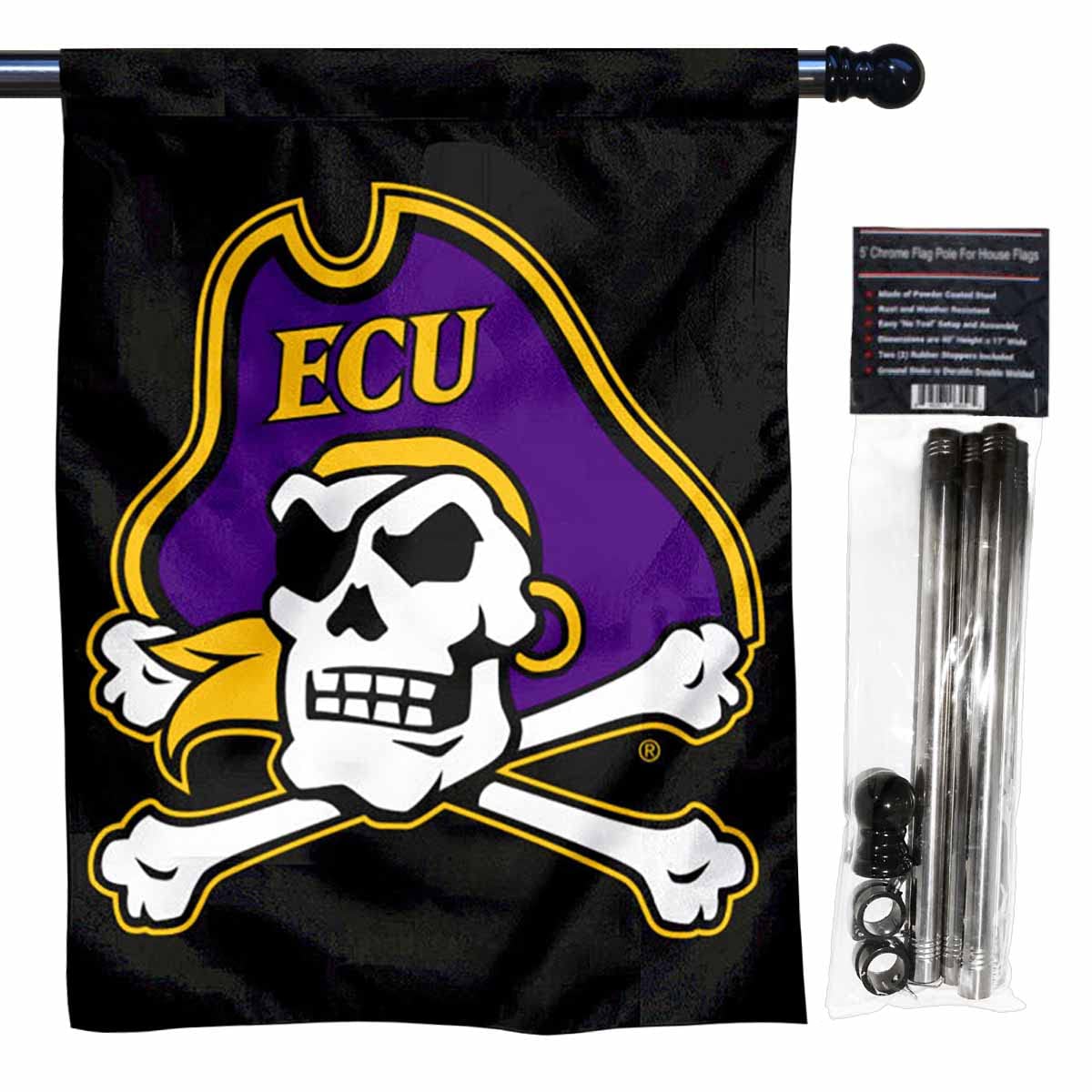 East Carolina Pirates Double Sided House Flag with Flag Pole Set - Sports Collectibles, Sports Memorabilia, Sports Fan Shop, Sports Gifts