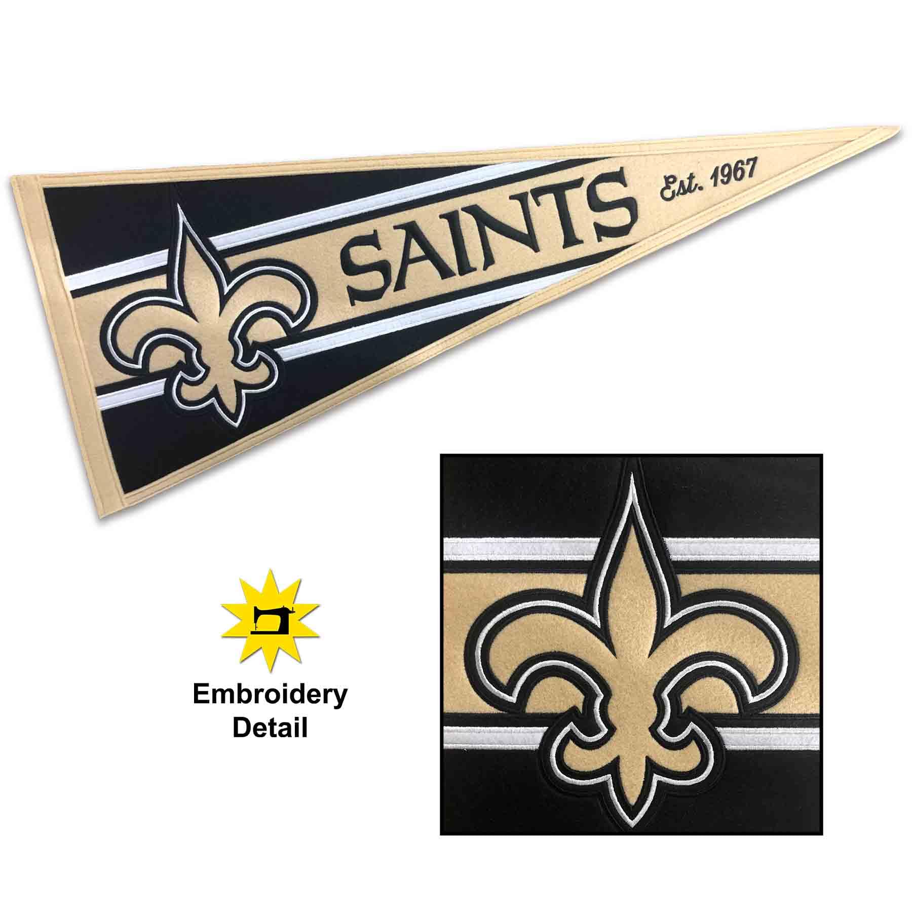 WinCraft New Orleans Saints Embroidered and Sewn Pennant - Sports Collectibles, Sports Memorabilia, Sports Fan Shop, Sports Gifts