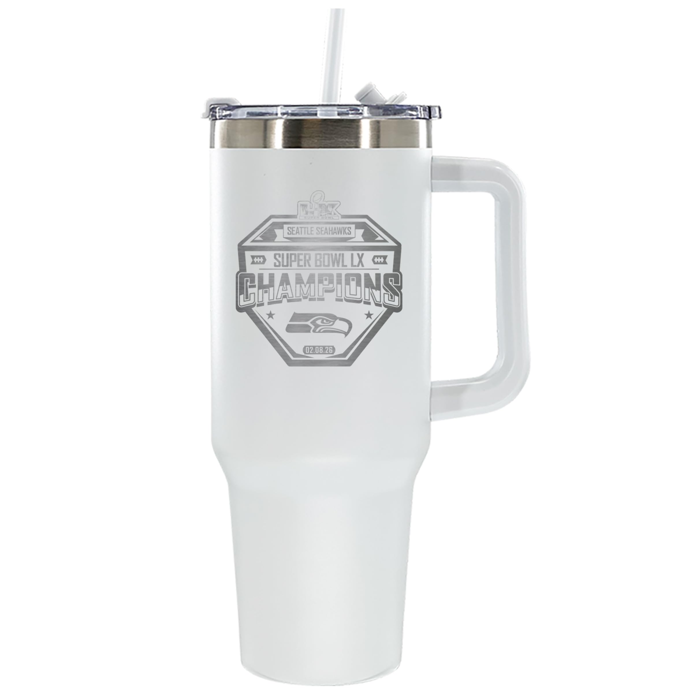 The Memory Company Officially Licensed NFL Seattle Seahawks 2026 Super Bowl LX Champions 40oz Insulated Stainless Steel Tumbler with Lid & Straw, Etched - Sports Gifts, Sports Memorabilia, Sports Collectibles, Fan Shop