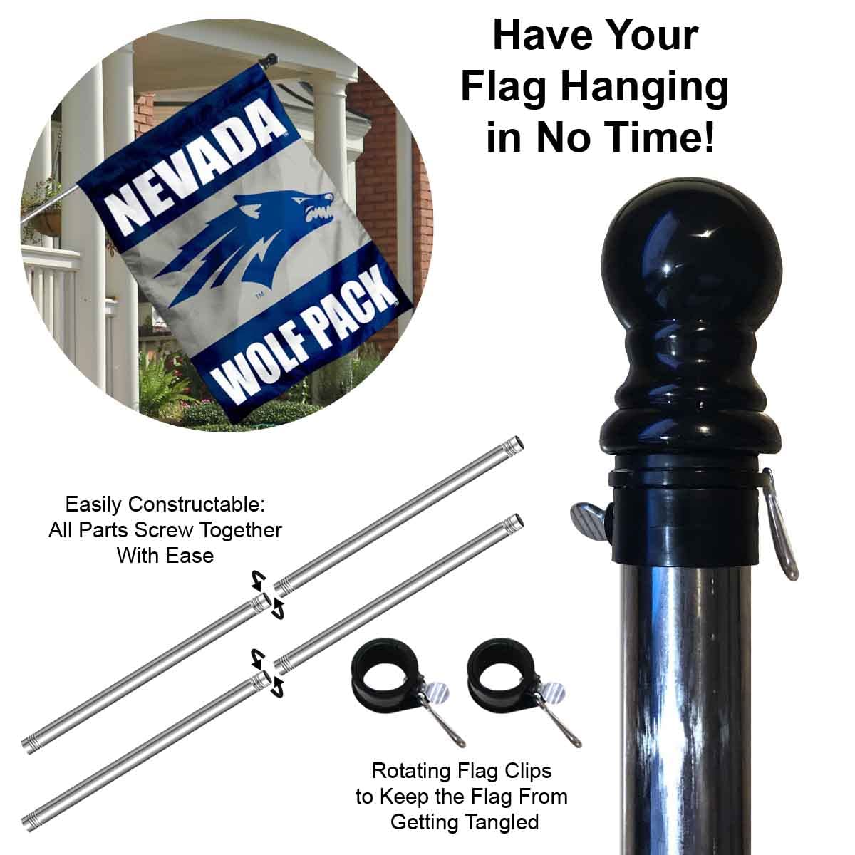 University of Nevada House Flag with Flag Pole Set - Sports Collectibles, Sports Memorabilia, Sports Fan Shop, Sports Gifts