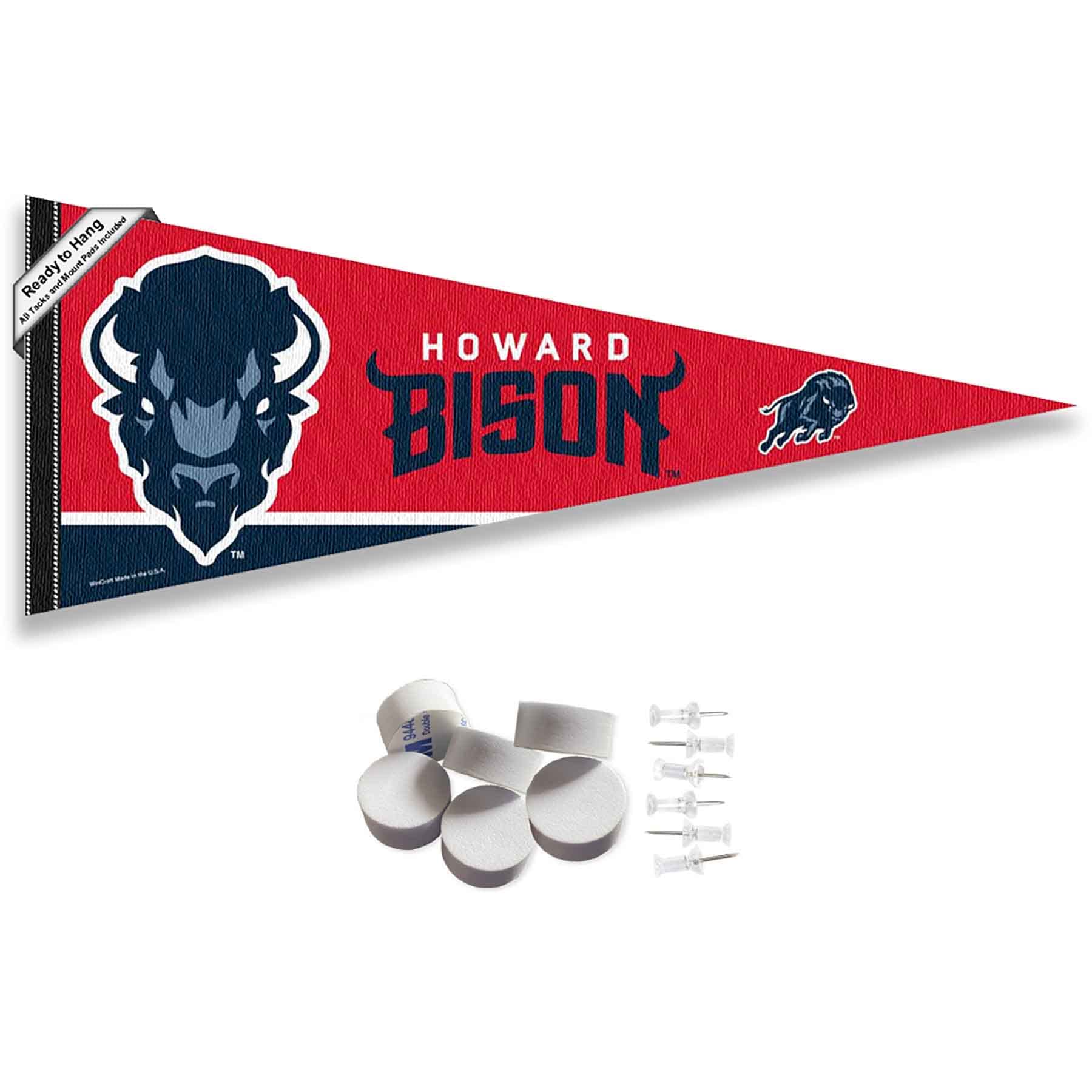 College Flags & Banners Co. Howard Bison Wordmark Pennant Flag and Wall Tack Mount Pads - Sports Collectibles, Sports Memorabilia, Sports Fan Shop, Sports Gifts