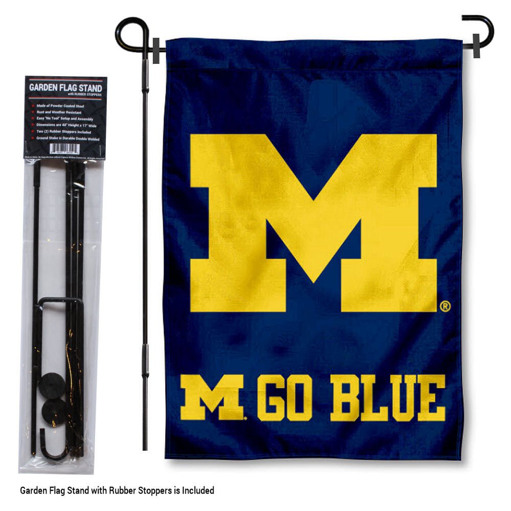 College Flags & Banners Co. Michigan Team University Wolverines Go Blue Garden Flag with Stand Holder - Sports Collectibles, Sports Memorabilia, Sports Fan Shop, Sports Gifts