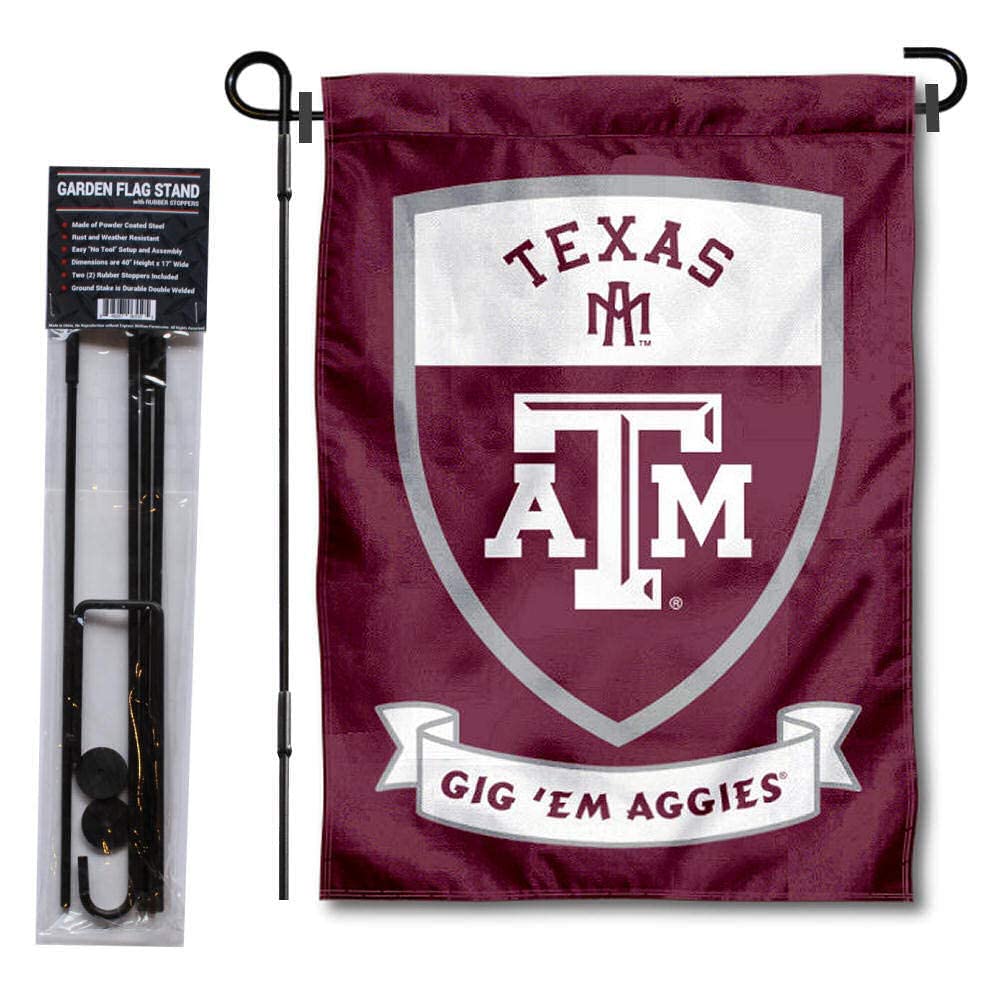 Texas A&M University Gig Em Aggies Shield Garden Flag and Flag Stand Pole Holder Set - Sports Collectibles, Sports Memorabilia, Sports Fan Shop, Sports Gifts