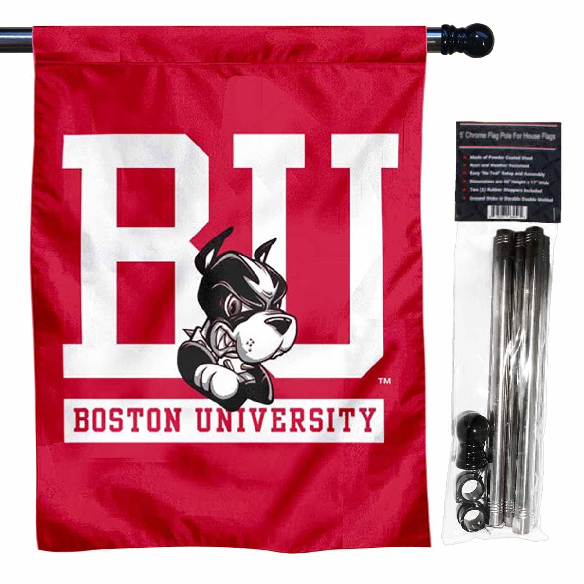 College Flags & Banners Co. Boston BU Terriers Banner Flag with Flag Pole Set - Sports Collectibles, Sports Memorabilia, Sports Fan Shop, Sports Gifts