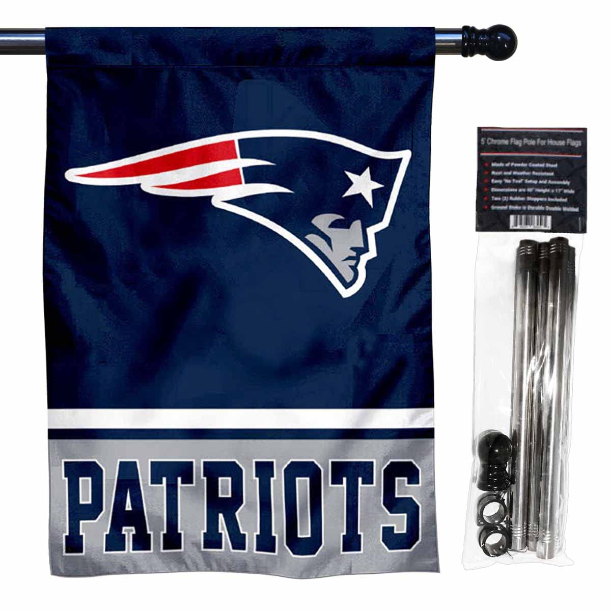WinCraft Patriots Banner House Flag and 5 Foot Flagpole Set - Sports Collectibles, Sports Memorabilia, Sports Fan Shop, Sports Gifts