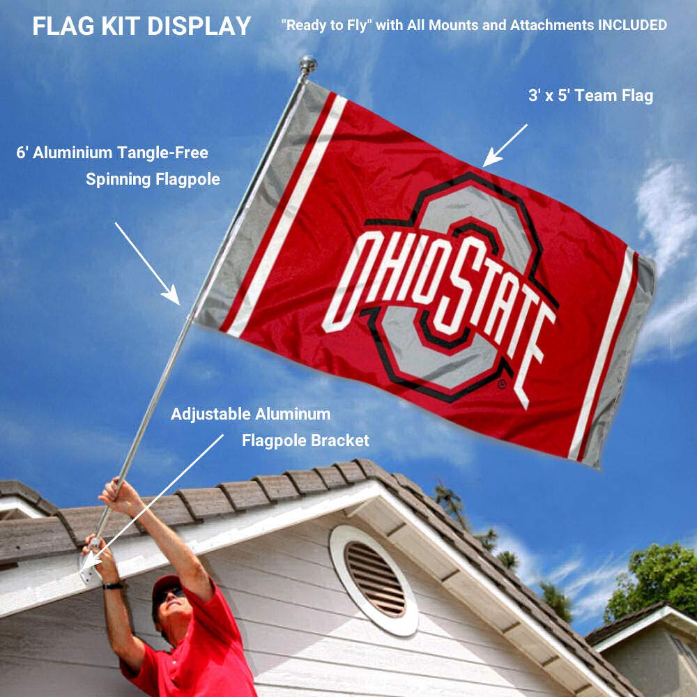 College Flags & Banners Co. Ohio State Buckeyes Stripes Flag with Pole and Bracket Kit - Sports Collectibles, Sports Memorabilia, Sports Fan Shop, Sports Gifts