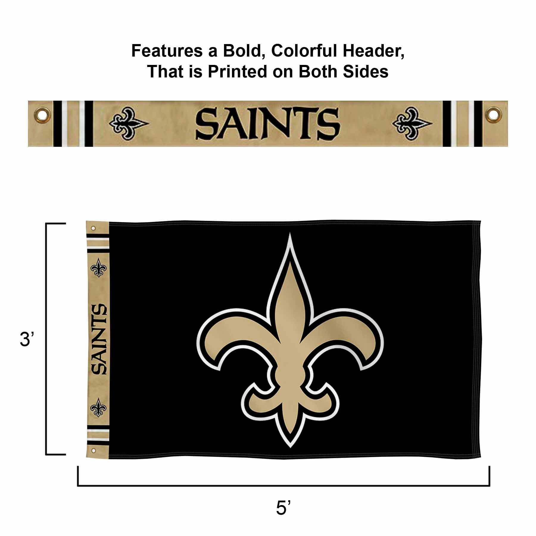 WinCraft New Orleans Saints Printed Header 3x5 Foot Banner Flag - Sports Collectibles, Sports Memorabilia, Sports Fan Shop, Sports Gifts