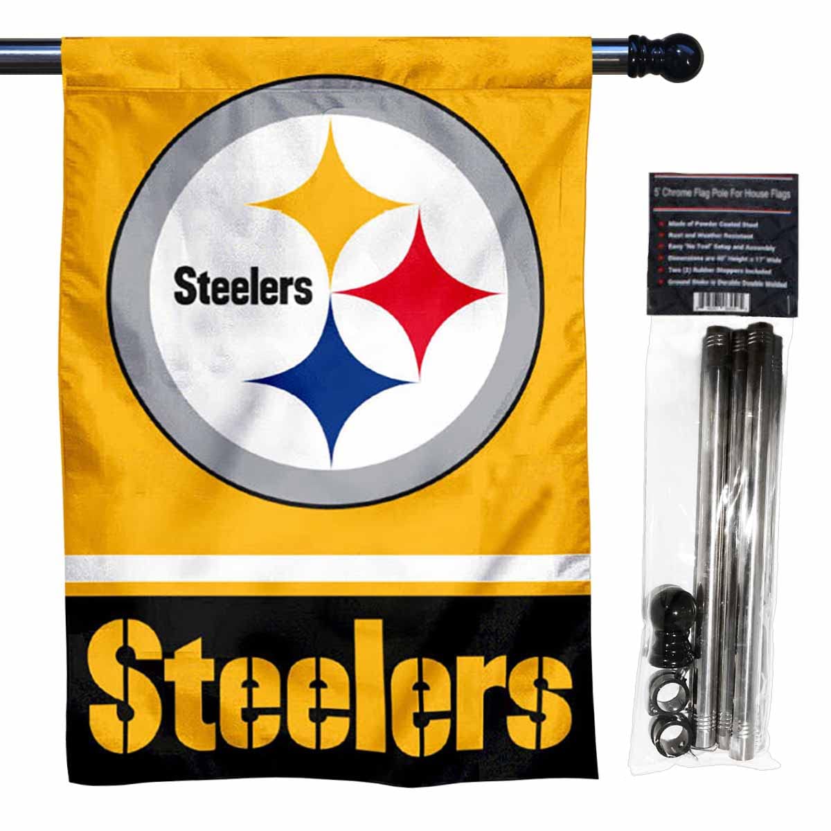 WinCraft Steelers Gold Banner House Flag and 5 Foot Flagpole Set - Sports Collectibles, Sports Memorabilia, Sports Fan Shop, Sports Gifts