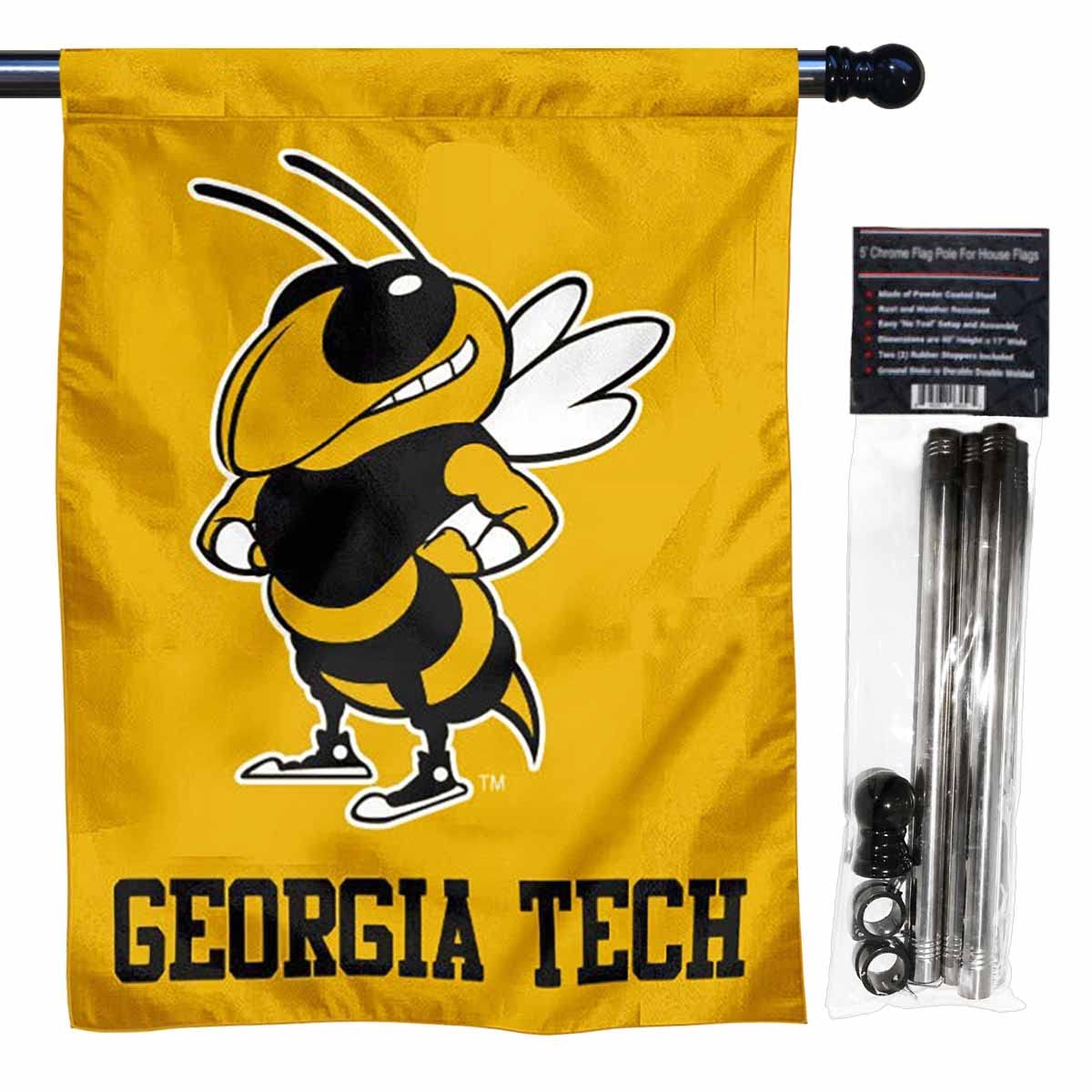 College Flags & Banners Co. Georgia Tech Yellow Jackets Double Sided House Flag with Flag Pole Set - Sports Collectibles, Sports Memorabilia, Sports Fan Shop, Sports Gifts