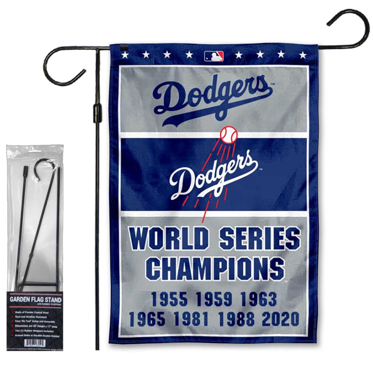 WinCraft Dodgers 7 Time Champions Garden Flag with Stand Holder Flagpole - Sports Collectibles, Sports Memorabilia, Sports Fan Shop, Sports Gifts