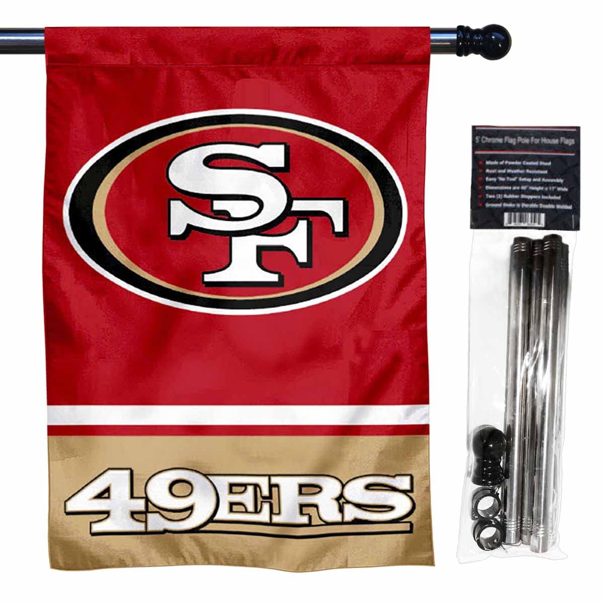 WinCraft 49ers Banner House Flag and 5 Foot Flagpole Set - Sports Collectibles, Sports Memorabilia, Sports Fan Shop, Sports Gifts