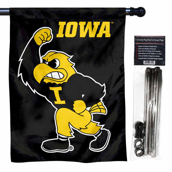 College Flags & Banners Co. Iowa Hawkeyes Herky the Hawk House Flag with Flag Pole Set - Sports Collectibles, Sports Memorabilia, Sports Fan Shop, Sports Gifts