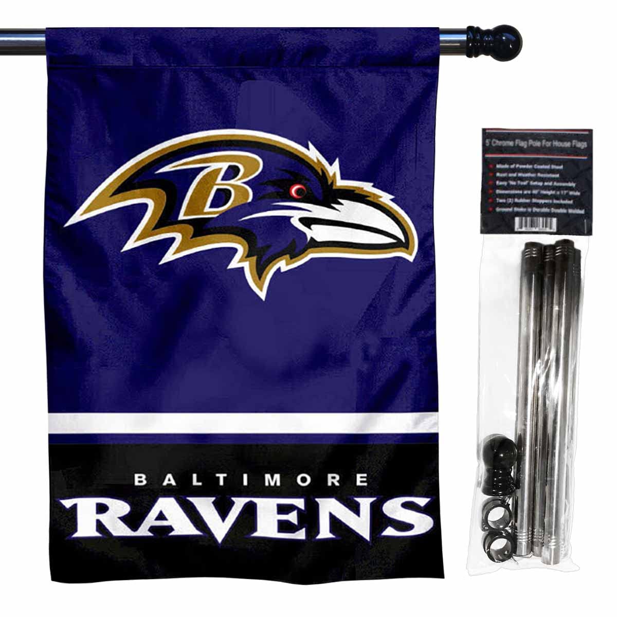 WinCraft Ravens Banner House Flag and 5 Foot Flagpole Set - Sports Collectibles, Sports Memorabilia, Sports Fan Shop, Sports Gifts