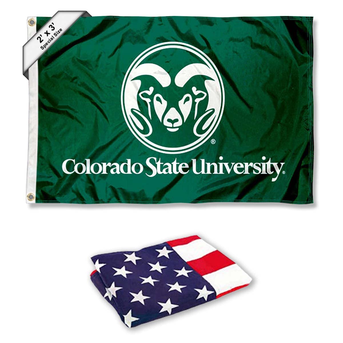 Colorado State Rams Small 2'x3' Flag and USA 3x5 Flag Set - Sports Collectibles, Sports Memorabilia, Sports Fan Shop, Sports Gifts
