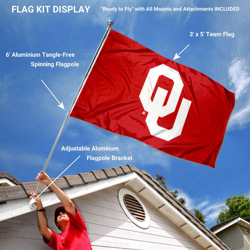 College Flags & Banners Co. Oklahoma Sooners OU Logo Flag with Pole and Bracket Kit - Sports Collectibles, Sports Memorabilia, Sports Fan Shop, Sports Gifts