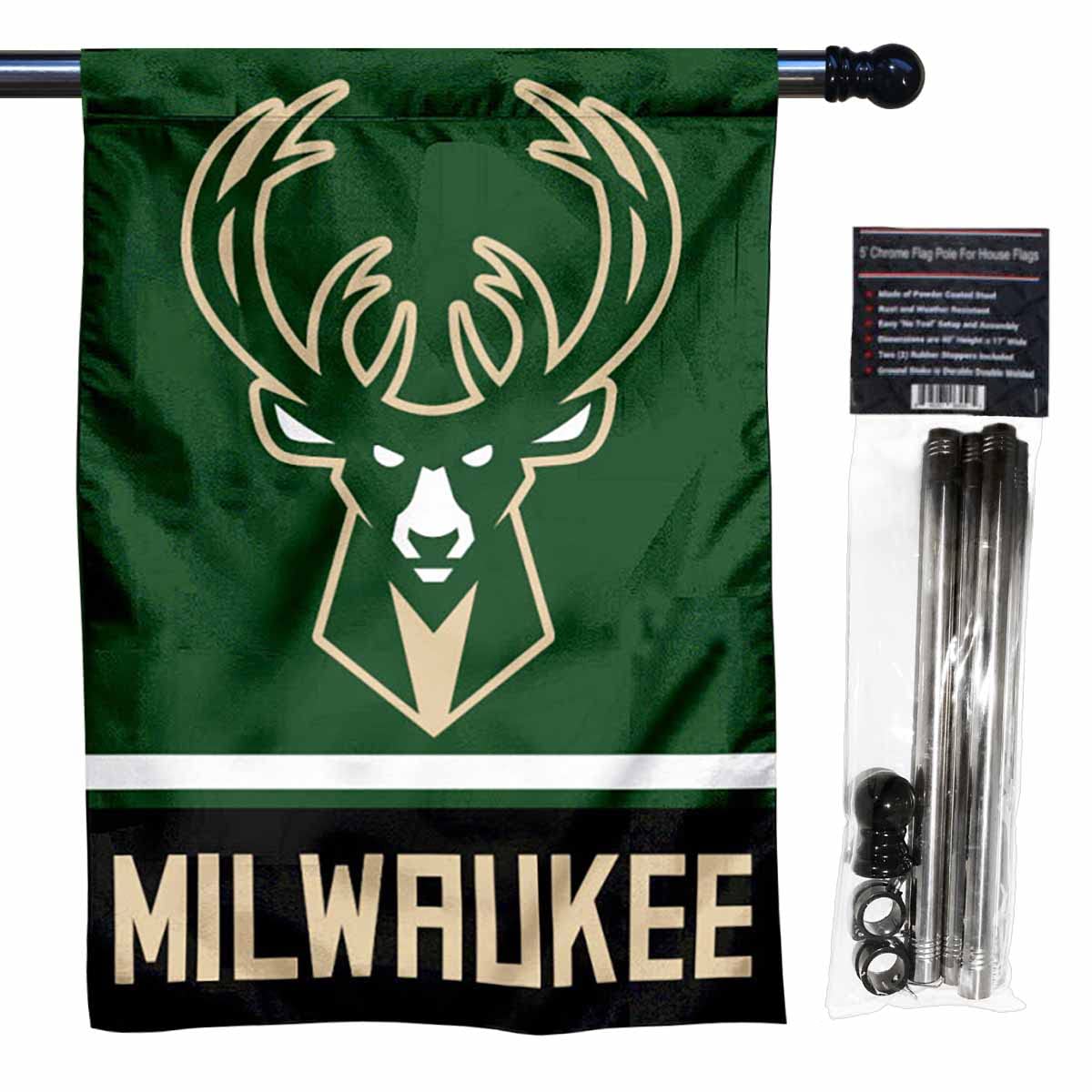 WinCraft Bucks Banner House Flag and 5 Foot Flagpole Set - Sports Collectibles, Sports Memorabilia, Sports Fan Shop, Sports Gifts