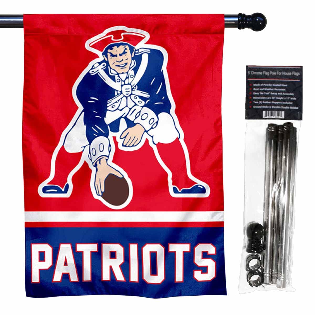 WinCraft Patriots Pat Patriot Banner House Flag and 5 Foot Flagpole Set - Sports Collectibles, Sports Memorabilia, Sports Fan Shop, Sports Gifts