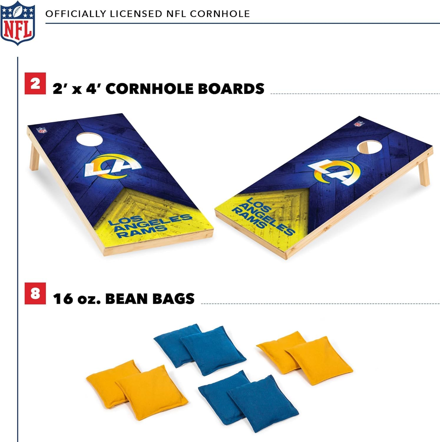 Wild Sports NFL Los Angeles Rams 2' x 4' Regulation Size Solid Wood Cornhole Set with Direct Print HD Team Graphics - Sports Collectibles, Sports Memorabilia, Sports Fan Shop, Sports Gifts