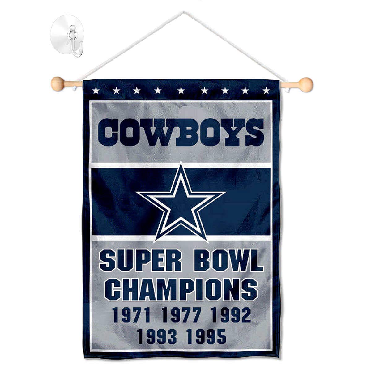 Dallas Cowboys 5 Time Champions Banner Window Wall Hanging Flag with Suction Cup - Sports Collectibles, Sports Memorabilia, Sports Fan Shop, Sports Gifts