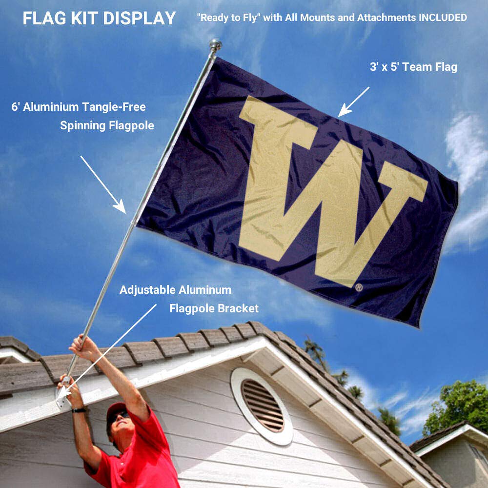 College Flags & Banners Co. Washington Huskies Big W Flag with Pole and Bracket Kit - Sports Collectibles, Sports Memorabilia, Sports Fan Shop, Sports Gifts