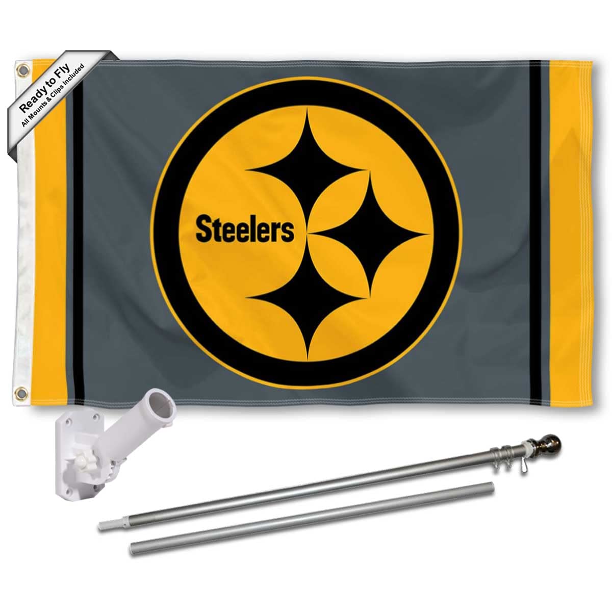 WinCraft Pittsburgh Steelers Black Flag Pole and Bracket Mount Kit - Sports Collectibles, Sports Memorabilia, Sports Fan Shop, Sports Gifts