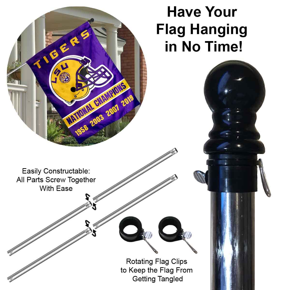 Louisiana State LSU Tigers 2019 and 4 Time Champions Double Sided House Flag with Flag Pole Set - Sports Collectibles, Sports Memorabilia, Sports Fan Shop, Sports Gifts