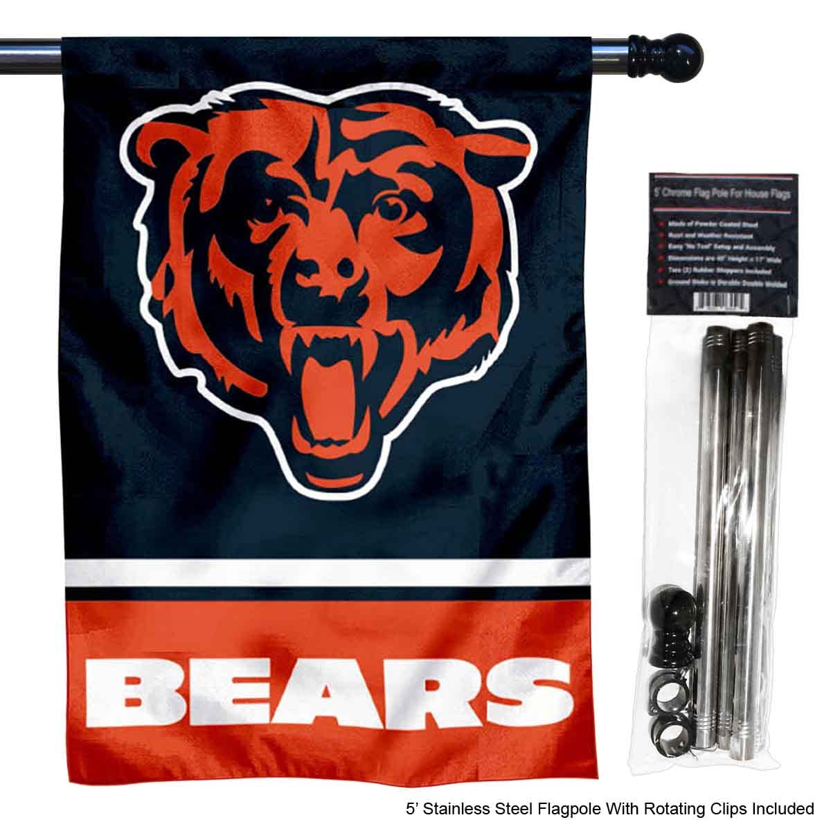 WinCraft Bears Banner House Flag and 5 Foot Flagpole Set - Sports Collectibles, Sports Memorabilia, Sports Fan Shop, Sports Gifts
