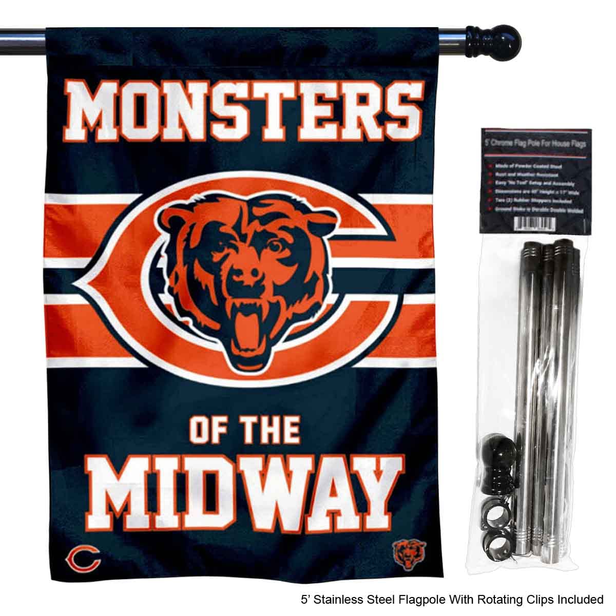 WinCraft Bears Monsters of The Midway Banner House Flag and 5 Foot Flagpole Set - Sports Collectibles, Sports Memorabilia, Sports Fan Shop, Sports Gifts