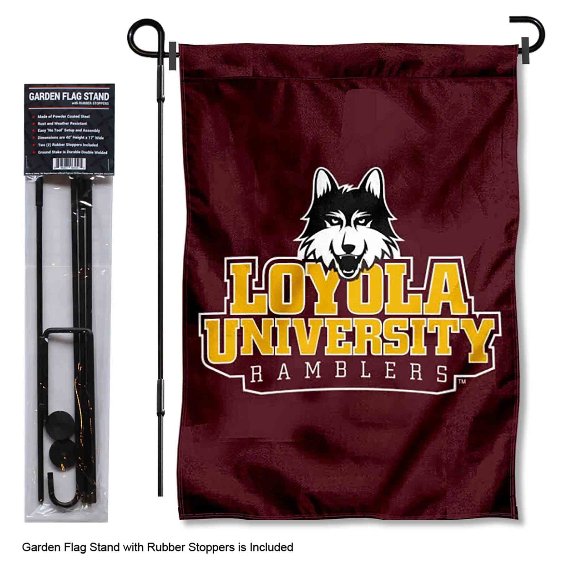 College Flags & Banners Co. Loyola Chicago Ramblers Garden Flag with Pole Stand Holder - Sports Collectibles, Sports Memorabilia, Sports Fan Shop, Sports Gifts