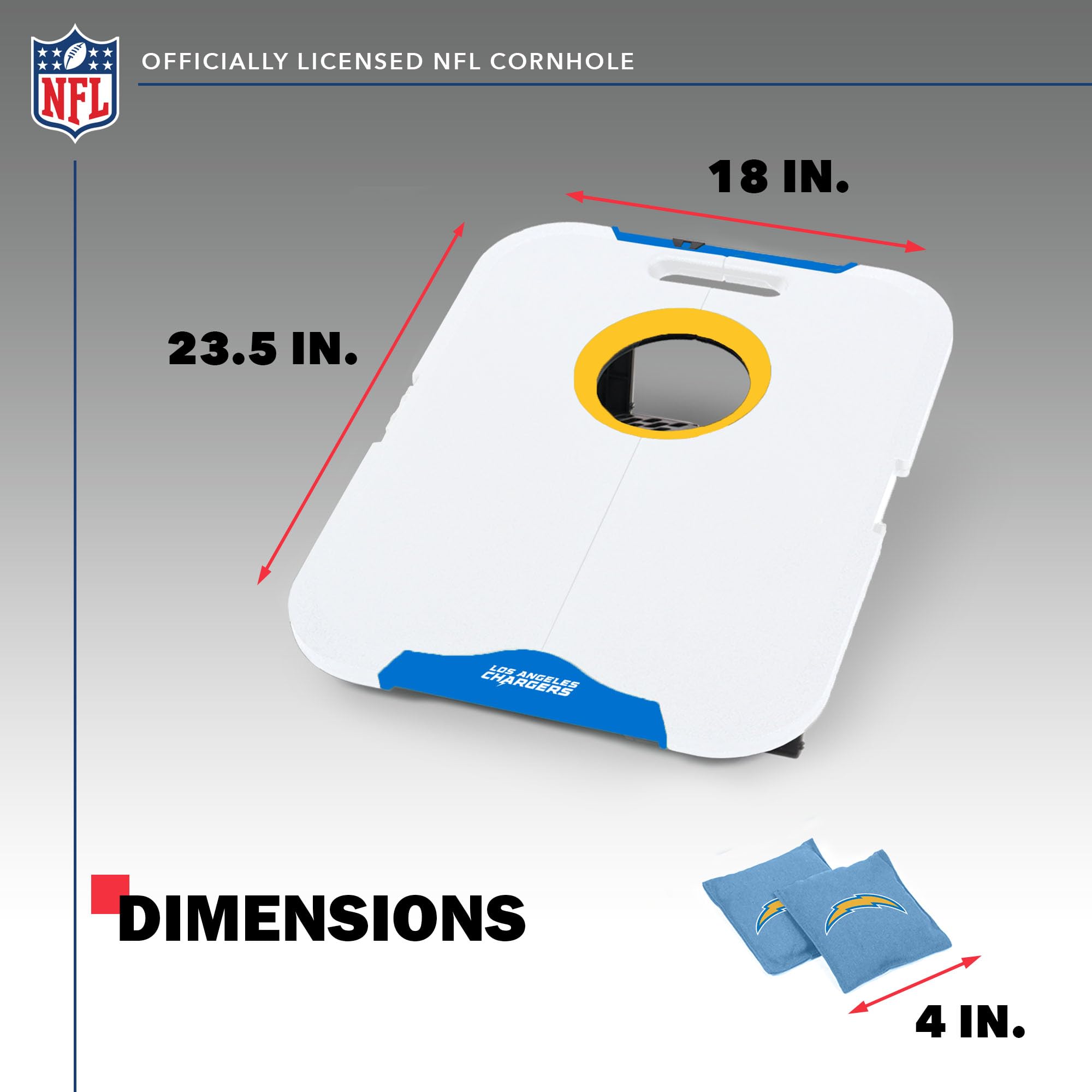 Wild Sports NFL Los Angeles Chargers Pro Football All-Weather Cornhole Set - Travel Bean Bag Toss Set Includes 8 Bean Bags - Sports Collectibles, Sports Memorabilia, Sports Fan Shop, Sports Gifts