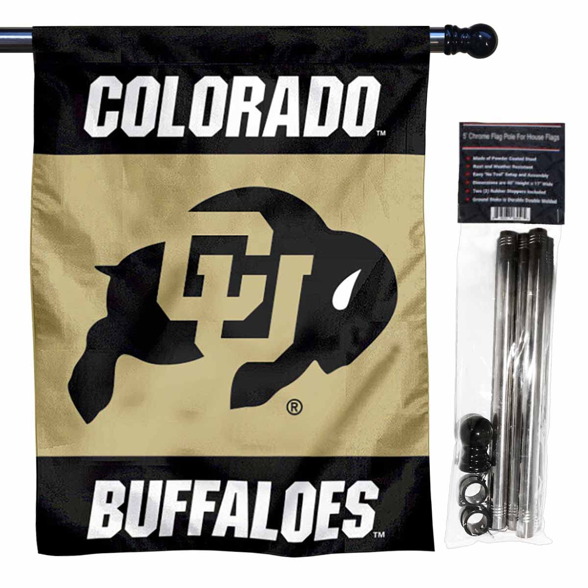 University of Colorado House Flag with Flag Pole Set - Sports Collectibles, Sports Memorabilia, Sports Fan Shop, Sports Gifts