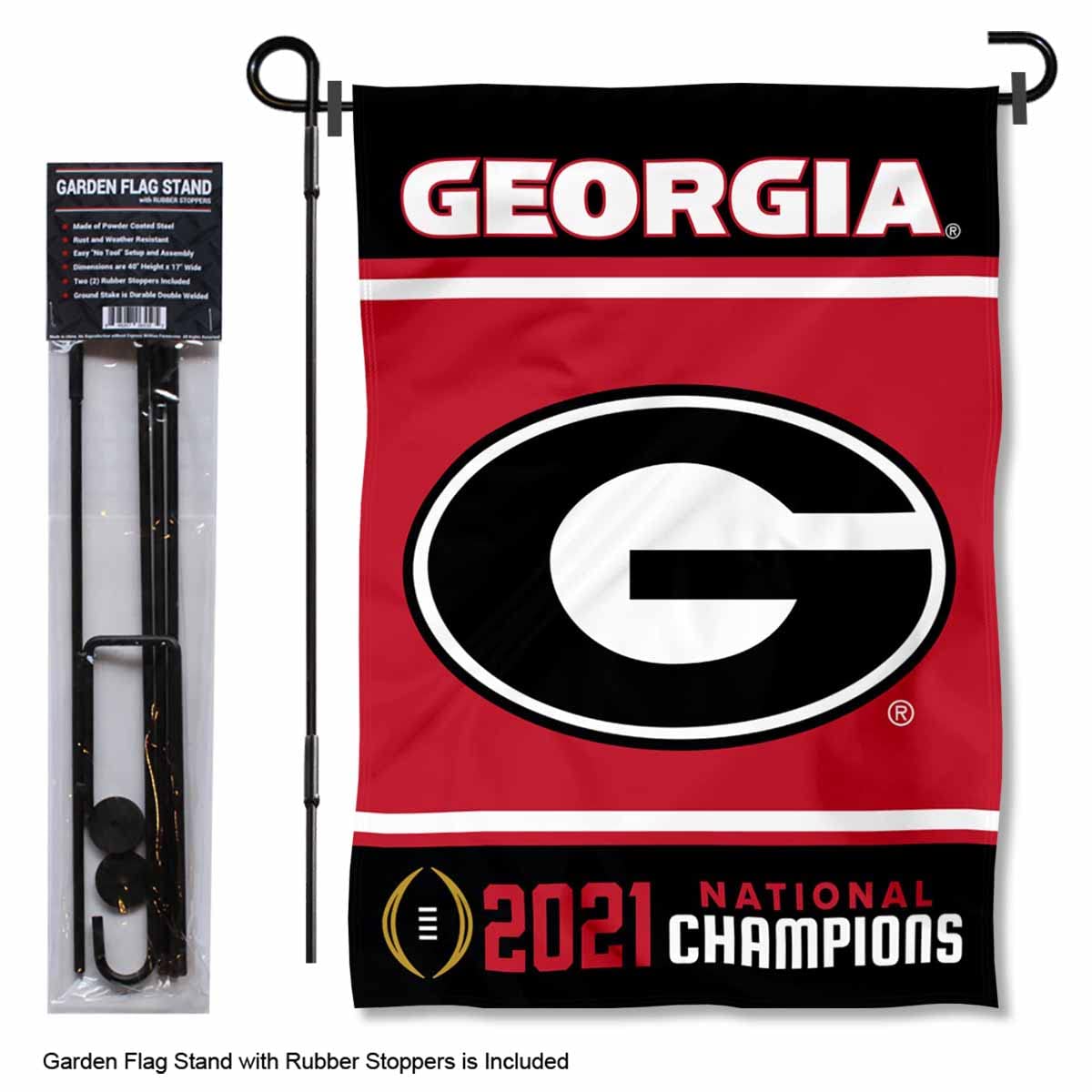College Flags & Banners Co. Georgia Bulldogs National Champions Garden Flag with Pole Stand Holder - Sports Collectibles, Sports Memorabilia, Sports Fan Shop, Sports Gifts
