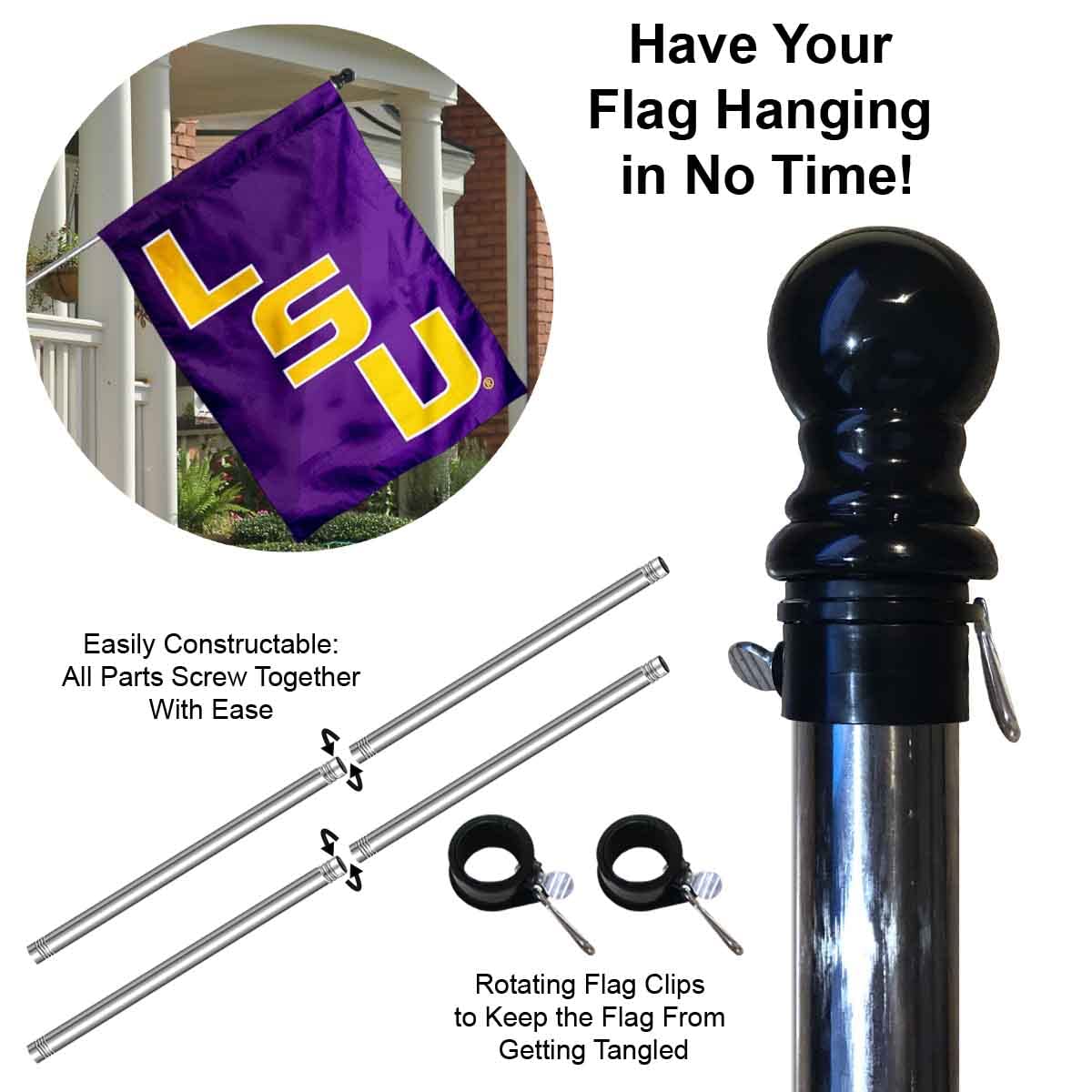 College Flags & Banners Co. Louisiana State University House Flag with Flag Pole Set - Sports Collectibles, Sports Memorabilia, Sports Fan Shop, Sports Gifts