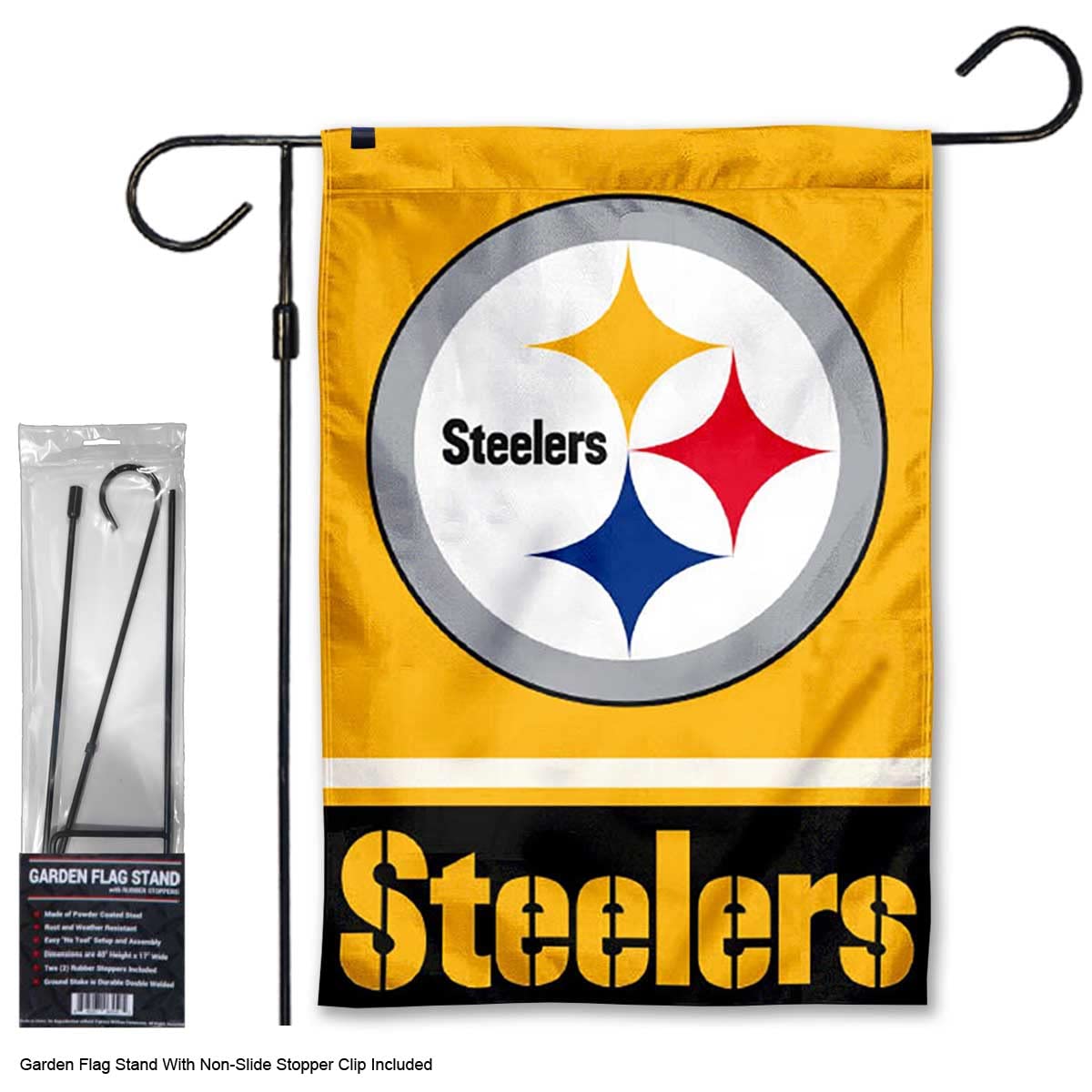 WinCraft Steelers Gold Garden Flag and Stand Pole Holder Mount - Sports Collectibles, Sports Memorabilia, Sports Fan Shop, Sports Gifts