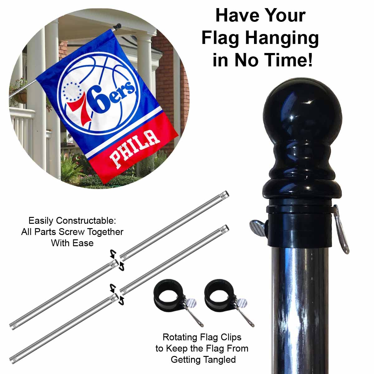 WinCraft 76ers Banner House Flag and 5 Foot Flagpole Set - Sports Collectibles, Sports Memorabilia, Sports Fan Shop, Sports Gifts