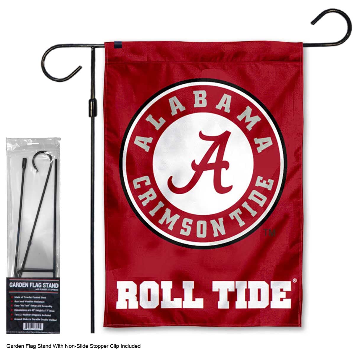 Alabama Crimson Tide Circle Logo Garden Banner Flag with Stand Pole Holder - Sports Collectibles, Sports Memorabilia, Sports Fan Shop, Sports Gifts