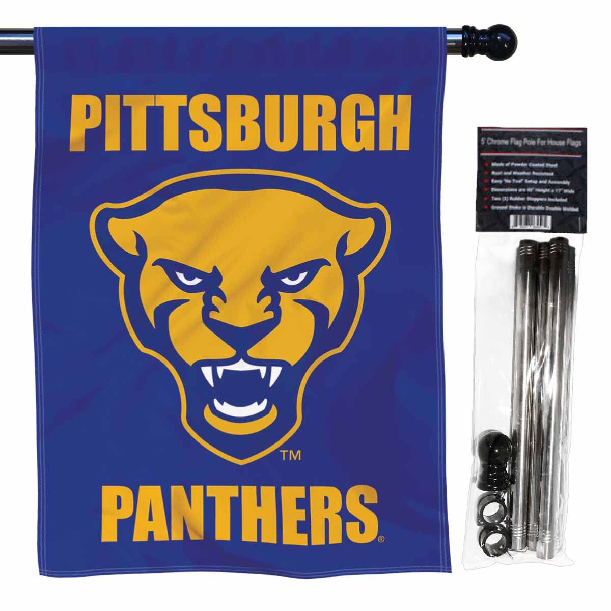 College Flags & Banners Co. Pittsburgh Panthers Logo Double Sided House Flag with Flag Pole Set - Sports Collectibles, Sports Memorabilia, Sports Fan Shop, Sports Gifts