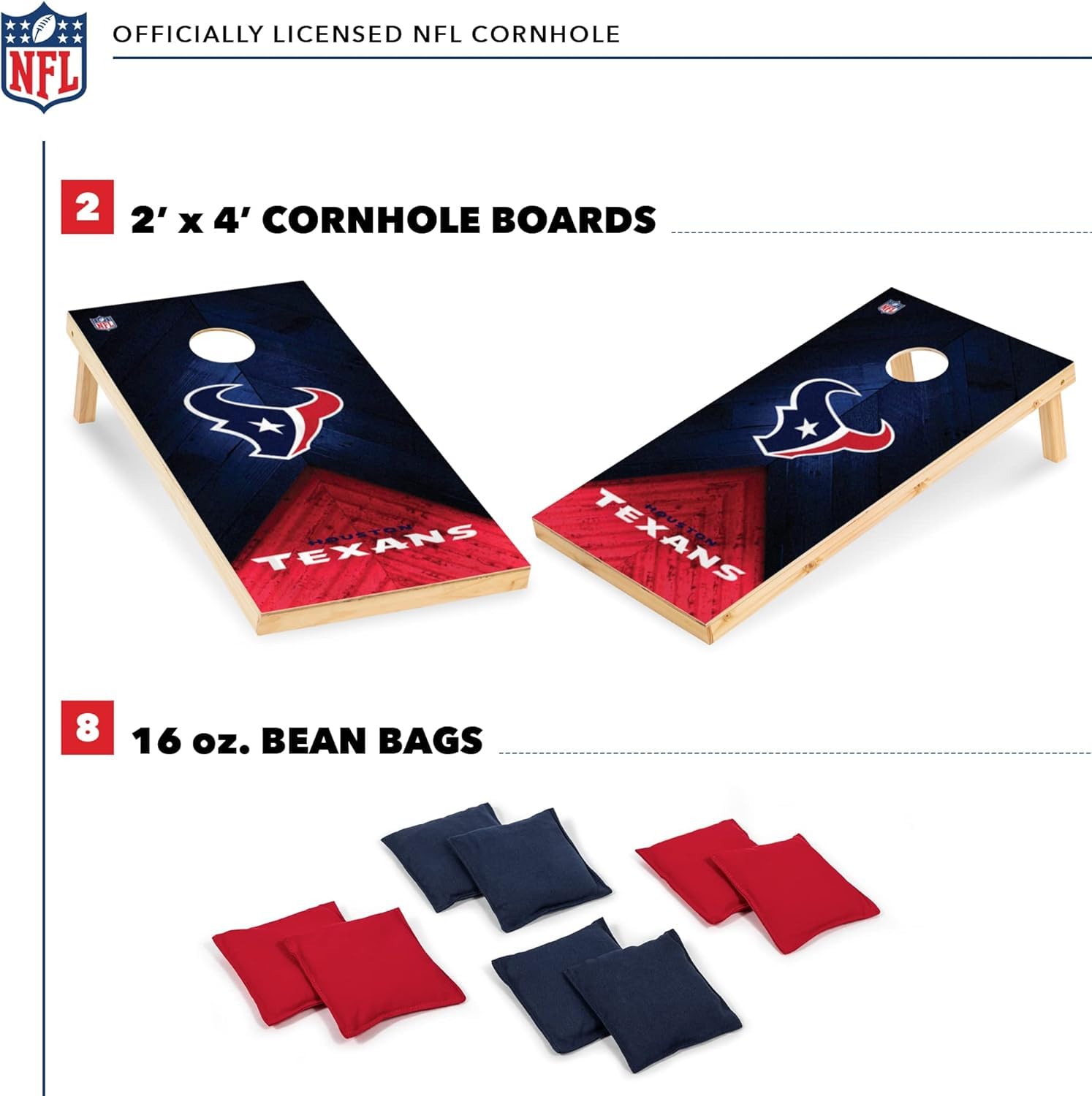 Wild Sports NFL Houston Texans 2' x 4' Regulation Size Solid Wood Cornhole Set with Direct Print HD Team Graphics - Sports Collectibles, Sports Memorabilia, Sports Fan Shop, Sports Gifts