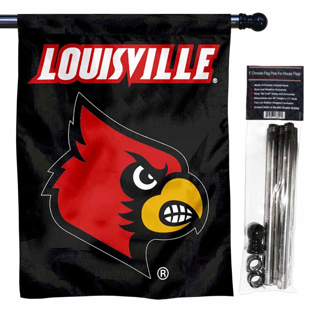 College Flags & Banners Co. Louisville Cardinals Banner Flag with Flag Pole Set - Sports Collectibles, Sports Memorabilia, Sports Fan Shop, Sports Gifts