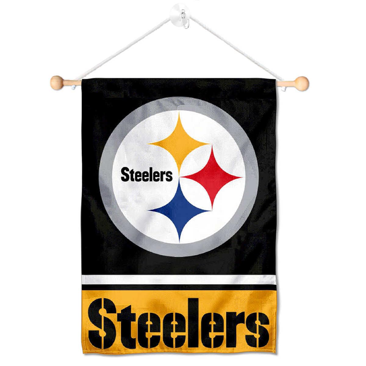 Pittsburgh Steelers Banner Window Wall Hanging Flag with Suction Cup - Sports Collectibles, Sports Memorabilia, Sports Fan Shop, Sports Gifts