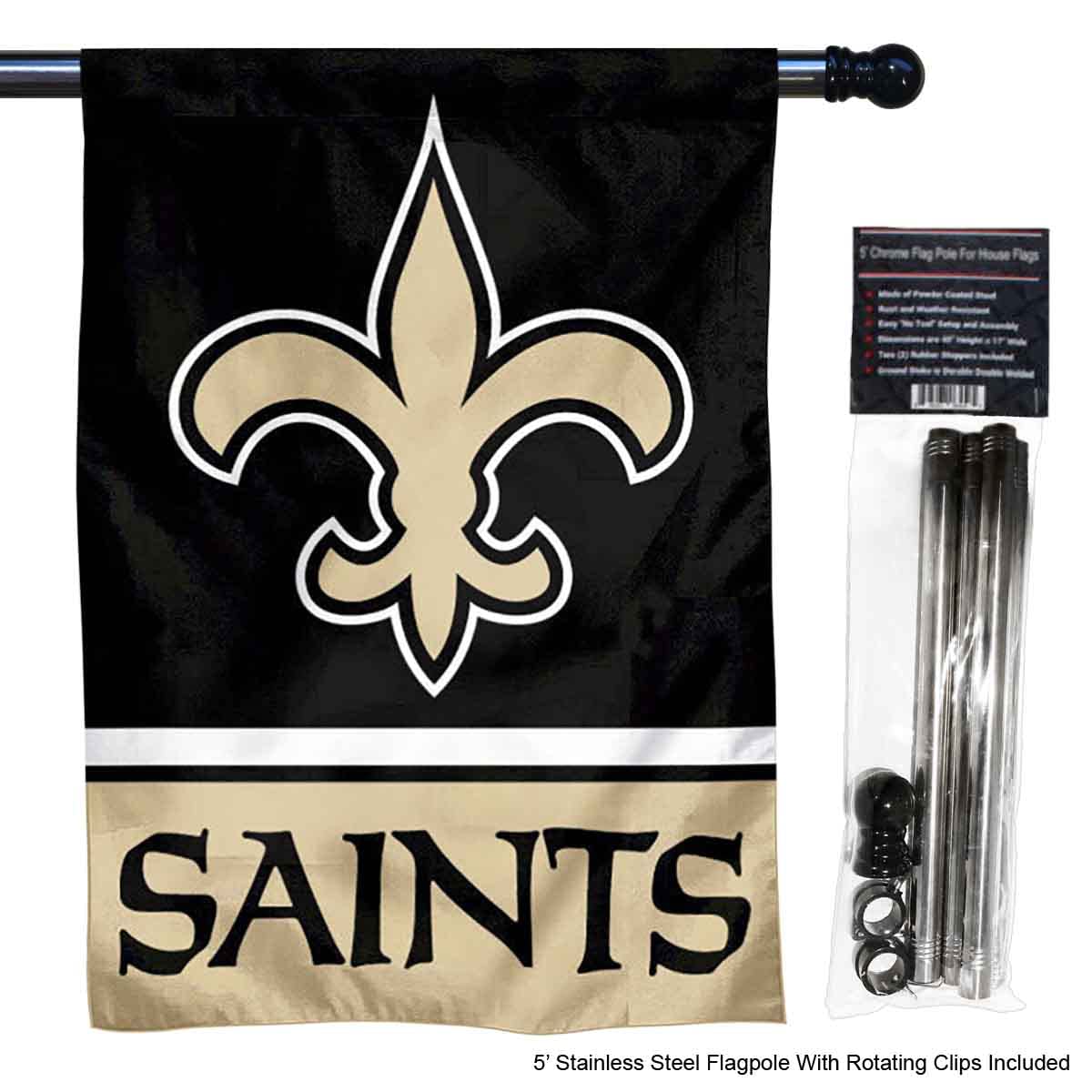 WinCraft Saints Banner House Flag and 5 Foot Flagpole Set - Sports Collectibles, Sports Memorabilia, Sports Fan Shop, Sports Gifts
